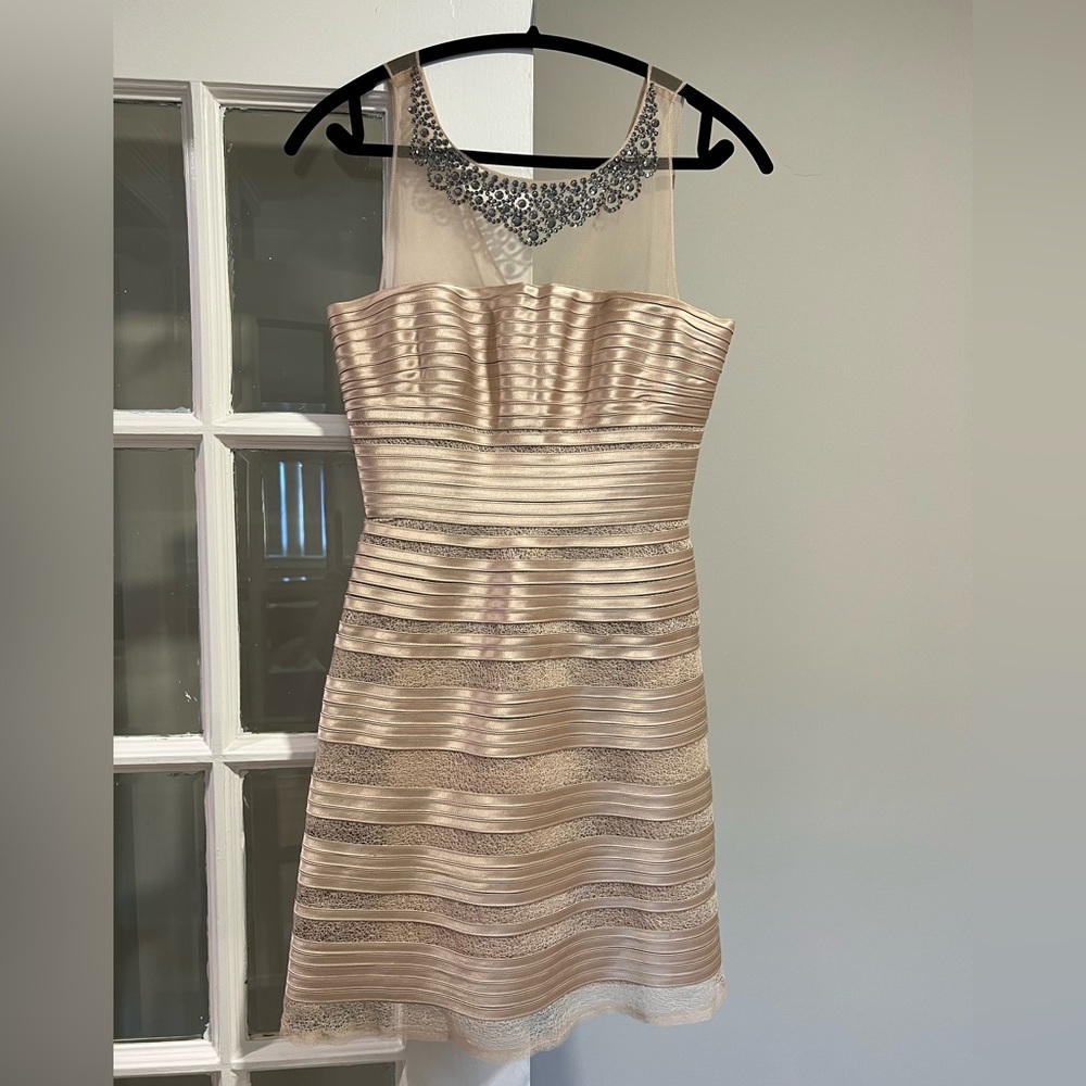 BCBG champagne lace detail cocktail dress, size 6